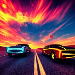 art deco, cyberpunk, two neon muscle cars, race, speed, desert road, sunset, full colour, hd,