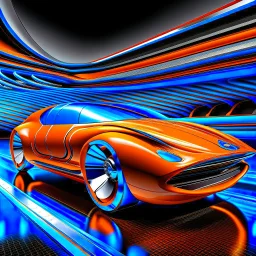 award winning car and driver photograph of a futuristic station wagon designed by only one vehicle per image painted metallic orange traveling at a high rate of speed, jet intake off of front center of vehicle and jet exhaust out the rear with bright blue flame, bilaterally symetrical, more a high speed road vehicle