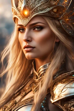 Half body of a very beautiful battle mage woman with shining glass armor, topaz eyes, long blonde hair, full lips, temple in background , intricate details, very detailed scene with intricate details ,ultra hd, realistic, natural colors, highly detailed, UHD ,perfect composition, beautiful detailed intricate image , insanely detailed 8k artistic photography, photorealistic concept art, soft natural volumetric cinematic perfect light,
