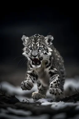 A captivating image of a attacking angry Snow Leopard Cub in its natural habitat., poised on a vast field with a stark contrast between light and dark, conveys a powerful sense of tension. In this expertly captured photograph, the predatory animal stands tall, its muscular frame oozing strength and dominance. The sharpness of every detail accentuates the creature's primal aura, from its razor-sharp teeth and piercing eyes to its sleek, glossy fur. This mesmerizing image.