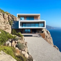 Dream house with modern architecture design, built on a rocky terrain overlooking the ocean and mountains, with multiple levels, with large windows and doors that offer panoramic views. The architecture features acute angles and a rooftop terrace. The rocky terrain has plants and a gravel path leading to the house. The background is a clear sky, blue ocean waves and mountains with greenery