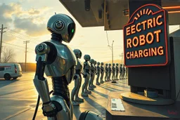 A cinematic wide-angle oil painting of a humanoid robot plugging a thick electric charging cable into its torso port at a futuristic charging station within a retro-style gas station. A long line of identical humanoid robots stands patiently behind, waiting for their turn to recharge. A large vintage-style sign to the side reads 'Electric Robot Charging Station.' The scene is bathed in golden-hour lighting, with rich, noisy colors, expressive thick brushstrokes, intricate steampunk elements, glo