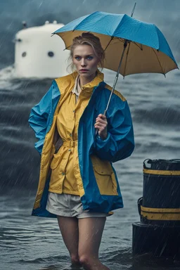 In the music video, a 23-year-old woman with blonde hair and bright blue eyes stands in the sea, se has a bun, dressed in a yellow fisherman's jacket. She holds an umbrella, but it offers no protection from the pouring rain. The rain pours trhough the umbrella. The rain under the umberella is petrol blue, the rain that goes trough the umberella transforms. The rain is pouring heavily. She is standing in the middle of the sea. You can see here completely.