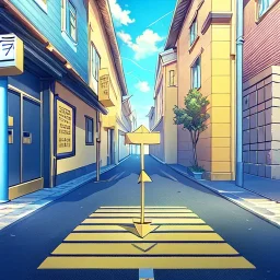 yellow brick road, road signs, arrows, direction, anime girl walking, detail on the girl standing with her back facing, holding arrows