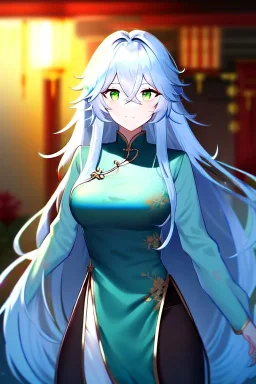 girl, masterpiece, best quality, cinematic lighting, detailed outfit, vibrant colors, perfect eyes, green eyes, long hair, light blue hair, messy hair, hair between eyes, depth of field, ray tracing, chinese clothes,