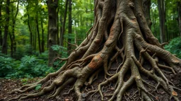 textures composed of intricate organic shapes, textures, and patterns resembling roots, branches, and other natural elements, set against a vibrant forest with an overall composition that has a realistic quality