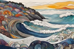 random color Zentangle patterns in the styles of Gustav Klimt ,Wassily Kandinsky, Paul Klee, and Kay Nielsen that depicts a rocky windswept coastal shore, with fine ink outlining