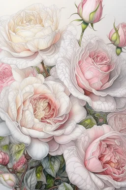 60. drawing of white and pink buds of unopened roses, pastel, more delicate than delicate, intricate details, bright, colorful, delightfully beautiful, tender, the smallest details are visible, Photorealism, close, the smallest drawing, airy filigree execution, close-up, detailed drawing,5d ,radiance, haze, clear contours, aesthetically realistic, fantastically bright professional photos, 24mm lens, f/8.0. 1/4000s, ISO 2000