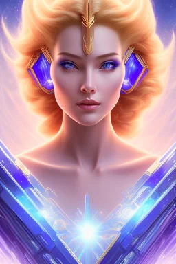 cosmic young woman from the future, one fine whole face, large cosmic forehead, crystalline skin, expressive blue eyes, blue hair, smiling lips, very nice smile, costume pleiadian,rainbow ufo Beautiful tall pleiadian Galactic commander, ship, perfect datailed golden galactic suit, high rank, long purple hair, hand whit five perfect detailed finger, amazing big green eyes, smilling mouth, high drfinition lips, cosmic happiness, bright colors, blue, pink, gold, jewels, realistic, real