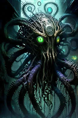 Cyberpunk, Yog-Sothoth, Lovecraftian tentacle monster, horror, eyes, claws, bone, tattered lace, biomechanical, chimera, mutations