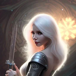 D&D character, female, cleric, platinum blonde hair, gold eyes, smile, teal armor