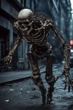 Extreme grandiose and cinematic photo in realistic colors (sparks around) (( cyborg skeleton)) dirty realistic ragged clothes, dynamic pose and expression, in the city ally of ancient tales, high lighting, intricate, 8k, macro photography,