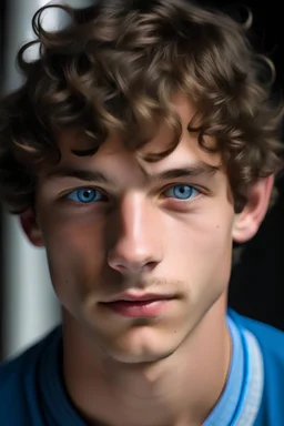 ein mann im alter von 18 jahren der schöne blaue augen hat und schöne kurze lockige haaren