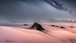 A surreal night-time scene featuring a sharp mountain peak rising through a thick layer of fog. Only one single peak is visible, The mountain's dark, jagged silhouette contrasts against the soft, pastel hues of the fog illuminated by moonlight. Above, the night sky is adorned with countless stars and a segment of the Milky Way, adding a sense of wonder and vastness to the scene. The overall atmosphere is mystical and serene, capturing the beauty of nature in a high-resolution, panoramic view