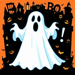 A spooky ghost with bold text above it that spells “ Boo! “