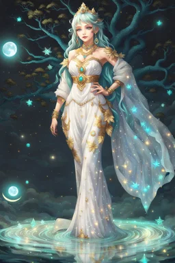 A beautiful girl with glowing starry eyes. And with turquoise hair decorated. And full body. Holds 10 glowing glass beads with a moon inside .girl void. full body Glowing golden eyes and white hair. Standing on a land of water embellished with sapphires and ornate trees. And beautiful buildings. And a sky full of star. realistic