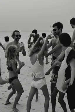 party on the beach of Porto Racanti in the middle of summer, music, dancing, celebration, toast, photography taken with a Leica camera and a 35 mm lens, black and white photography