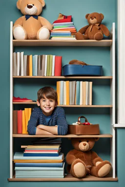 a young boy sitting on a shelf holding a teddy bear,7 years old, shirt