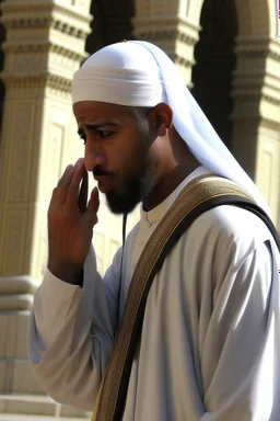 A picture of a Muslim man giving the call to prayer in Mecca