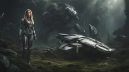 Wide-angle, woman with straight hair, dressed like a robot, with equipment in her hands, next to a crashed spaceship, in a clearing on an alien jungle world