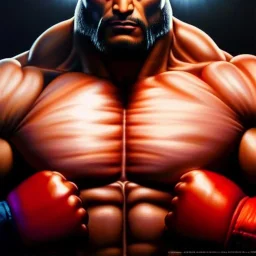 Ultra detailed fullbody Portrait in oil on canvas of Street Fighter- Sagat,extremely detailed digital painting,ultrarealistic skin,intense stare, extremely detailed face, crystal clear eyes, mystical colors ,perfectly centered image, perfect composition, rim light, beautiful lighting,masterpiece ,8k, stunning scene, raytracing, anatomically correct, in the style of Simon Bisley and Ohrai Noriyoshi and robert e howard and Steve Jung and frank frazetta.