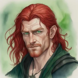 dnd, fantasy, watercolour, large strokes, stylistic, portrait, illustration, dull colours, male, face, narrow long face, weathered face, green eyes, determined, smiling, red hair, very long hair streaming down the shoulders, radiating light, five o'clock shadow