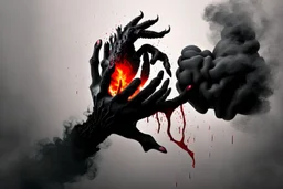 A black hand made out of black smoke violently crushing a human heart, squeezing all blood out of it, foggy, surreal