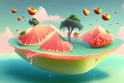 Floating Fruit Islands: Imagine a landscape where slices of watermelon, citrus fruits, and melons hover just above the ground, forming floating islands amidst a gentle fruit rain. The air is filled with a sweet aroma as the fruits sway with the breeze.