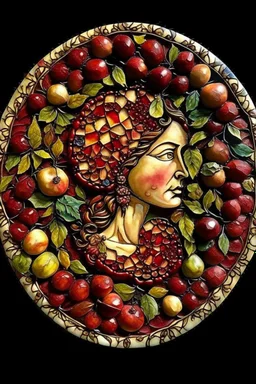 Vintage mosaic, cracked glaze, beautiful {select: woman/roserpine}, pomegranates in her hair, pomegranate fruits at her table, sun and moon, breath-taking realistic.