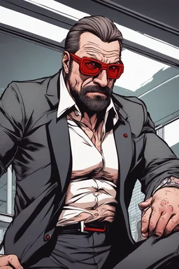 a muscular and angry man who looks like Hans Gruber wearing red glasses