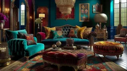 A vibrant and eclectic mix of patterns, textures and colors that create a visually stimulating environment. Luxurious furniture and ornate decorations fill every corner of the room, exuding opulence and extravagance.