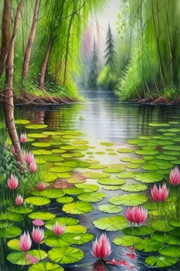 Vintage watercolor on a wet old canvas overgrown lake with weeping willows in the forest, pink water lilies float on the lake, fir trees, flowers, bells, herbs, bushes, vintage, realistic, summer, many details, colored pencil drawing, botanical, realistic, filigree, dark botanical, lumen, glare of the sun on the smooth surface of the lake, hyperrealism, the sun through the foliage, subtle drawing in black ink, in the style of A.Zhado