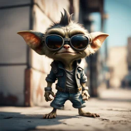 cool gremlin leaning against a wall, wearing flip down sun glasses, in the style of a fallout 4,bokeh like f/0.8, tilt-shift lens 8k, high detail, smooth render, down-light, unreal engine, prize winning