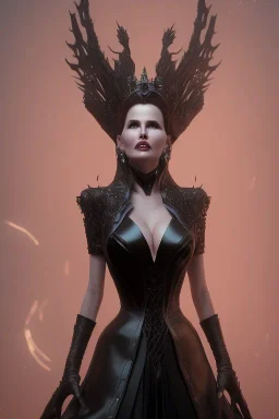 Geena Davis as evil queen in black leather gown, evil, busty, cleavage, curvy, angry, stern look. character design by cory loftis, fenghua zhong, ryohei hase, ismail inceoglu and ruan jia. unreal engine 5, artistic lighting, highly detailed, photorealistic, fantasy