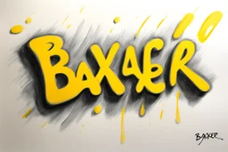 a drawing with sketch lead pencil, The word "BAXER" in yellow floating like a big sign, strong painting, strong expression, BAXER!, BAXER!