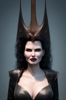 Geena Davis as evil queen in black leather, leather, busty, cleavage, angry, rage, stern look. character design by cory loftis, fenghua zhong, ryohei hase, ismail inceoglu and ruan jia. unreal engine 5, artistic lighting, highly detailed, photorealistic, fantasy