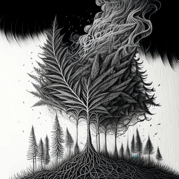 Sketch a composition where intricate smoke patterns transform into a forest of towering trees made entirely of crushed weed leaves, filling the canvas with a surreal and visually captivating asymmetrical patterns. Pencil sketch Drawing