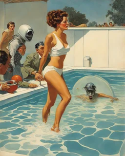 [art by Norman Rockwell] one woman in a pool, she is attacked by a dangerous alien woman