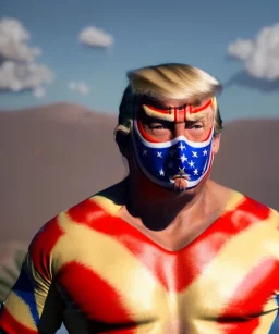 Realistic image of Donald trump wrestler, Mexican wrestling style, Mexican wrestling mask, chin and nose visibles, red and blue breeches, glow us flag dress, suspenders, retro style, 80s, vibrant color, highly detailed, sky background, concept art, unreal engine 5, god rays, ray tracing, RTX, lumen lighting, ultra detail, volumetric lighting, 3d, finely drawn, high definition, high resolution.