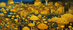 A yellow neighborhood with glowing mushrooms painted by Gustav Klimt