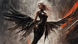 biomechanical women, beautiful, cyberpunk, dusty blonde, short square, large biomechanical black wings, sword, cybernetic, dynamic pose, rain, wind, ashes, flashes of fiery threads, sketch art, fine lines, grunge, sensual, darkness, dark colors, by Raymond Swanland & Alyssa Monks & Anna Razumovskaya