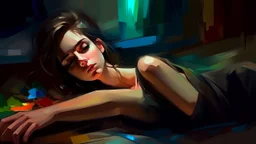 digital painting, A clothed female figure lying on her side, with a pained expression on her face. The background is blurred and appears to be a dimly lit interior space, bold and slim lines, brush strokes