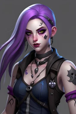 Jinx from league of legends female with black, grey, white, and purple coloration and clothing in a realistic style