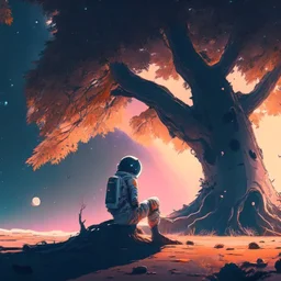 A lonely astronaut sits under the shade of an old tree on the edge of a planet. He looks at a beautiful galaxy. And he is thinking while waiting for his love.4k, high resolution. full detail. digital art, anime