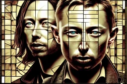 Thom Yorke's face stained glass window,panel, lead caming, medieval stained glass