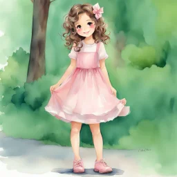 watercolor, full body, cute smile girl, curly hair, big eyes, long brown hair, pink dress, pink shoes, white backgrownd