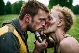 667711 portrait of a broken head mechanic, kissing a hybrid mixed body part sheep, fixing (far away old land rover 4x4 discovery 2) in the countryside