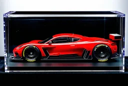 SUPER RACING CAR, EXOTIC, SUPER SPORT, CONCEPT CAR, ELECTRIC, BIG WHEELS, RED COLOR CHERRY, BLACK BACKGROUND, into a acrylic box