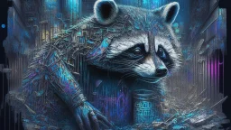 Graffiti trash panda; neo-surrealism dystopian eldritch elegant fantastical intricate hyperdetailed holographic magnificent meticulous mysterious ominous