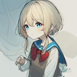 Clear focus, High resolution, rough line, sketch art, cute, cartoon, short blonde hair, hair between eyes, fluffy hair, blue eyes, wearing a sailor uniform, wearing a brown vest, baby, long locks, 1girl, red bow